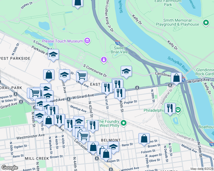map of restaurants, bars, coffee shops, grocery stores, and more near 4044 Parkside Avenue in Philadelphia