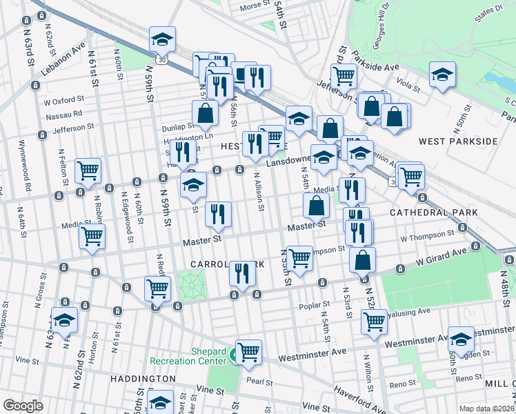 map of restaurants, bars, coffee shops, grocery stores, and more near 5549 Media Street in Philadelphia