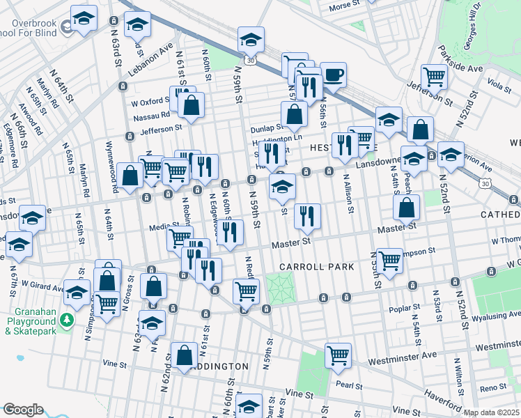map of restaurants, bars, coffee shops, grocery stores, and more near 1518 North 59th Street in Philadelphia