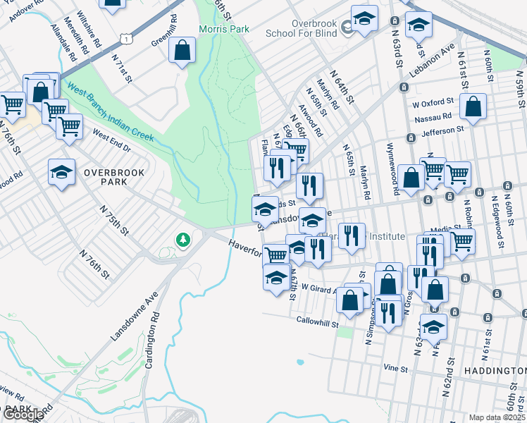 map of restaurants, bars, coffee shops, grocery stores, and more near 6731 Leeds Street in Philadelphia