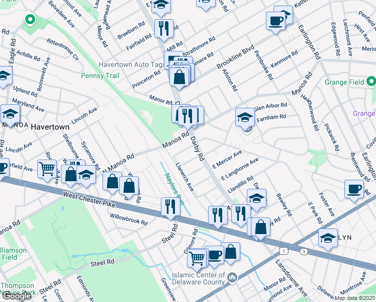 map of restaurants, bars, coffee shops, grocery stores, and more near 19 Rodman Avenue in Havertown