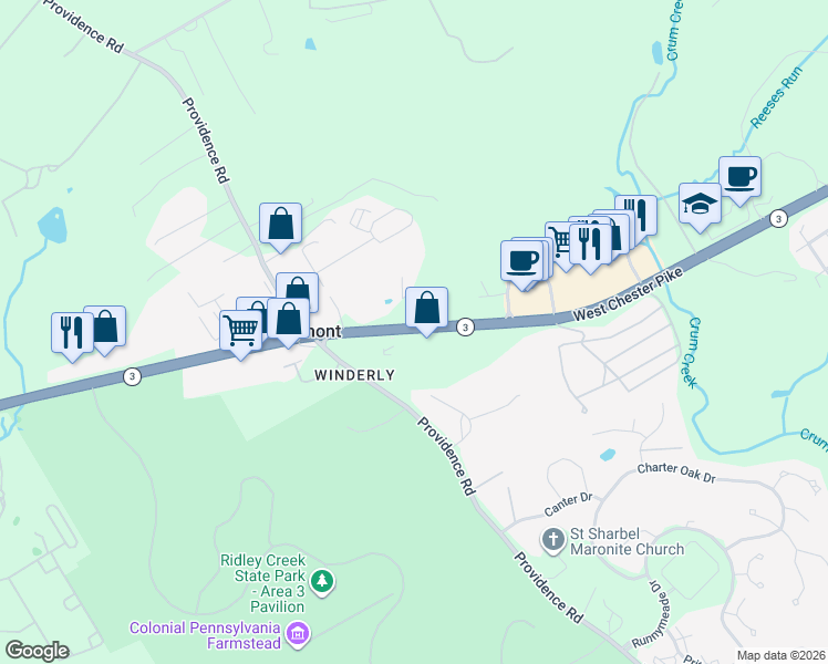 map of restaurants, bars, coffee shops, grocery stores, and more near in Delaware County