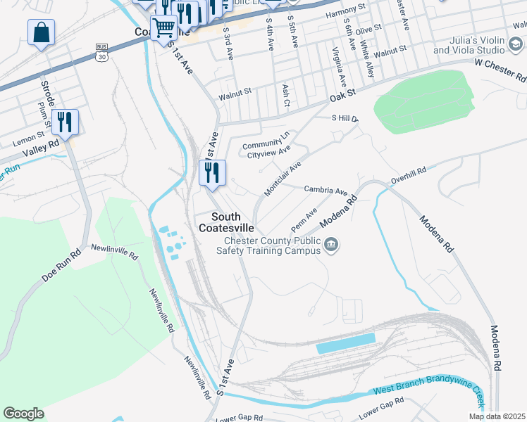 map of restaurants, bars, coffee shops, grocery stores, and more near 22 Remington Ave in Coatesville