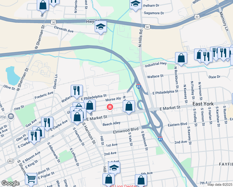 map of restaurants, bars, coffee shops, grocery stores, and more near 1551 East Philadelphia Street in York