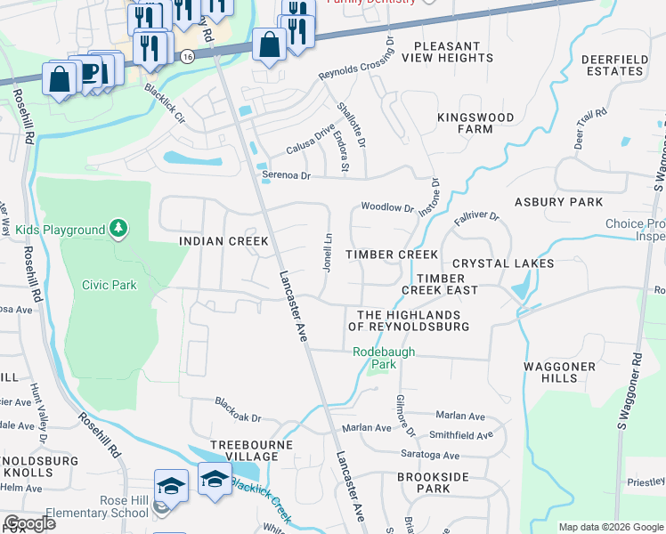 map of restaurants, bars, coffee shops, grocery stores, and more near 411 Jonell Lane in Reynoldsburg