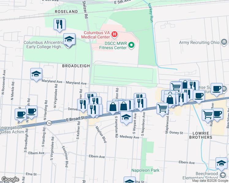 map of restaurants, bars, coffee shops, grocery stores, and more near 115 North Hampton Road in Columbus