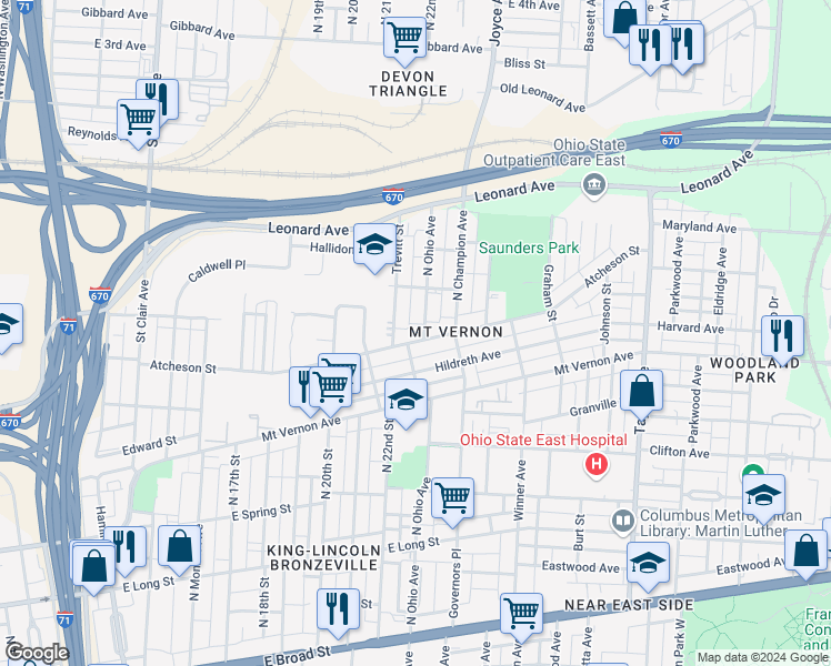 map of restaurants, bars, coffee shops, grocery stores, and more near 1240 Atcheson Street in Columbus
