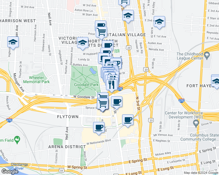 map of restaurants, bars, coffee shops, grocery stores, and more near 625 North High Street in Columbus
