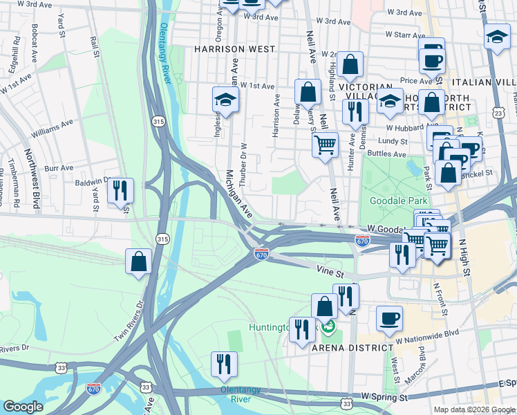 map of restaurants, bars, coffee shops, grocery stores, and more near 684 Thurber Drive West in Columbus