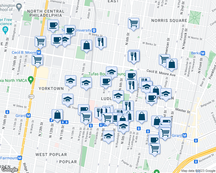 map of restaurants, bars, coffee shops, grocery stores, and more near 1512 North 7th Street in Philadelphia