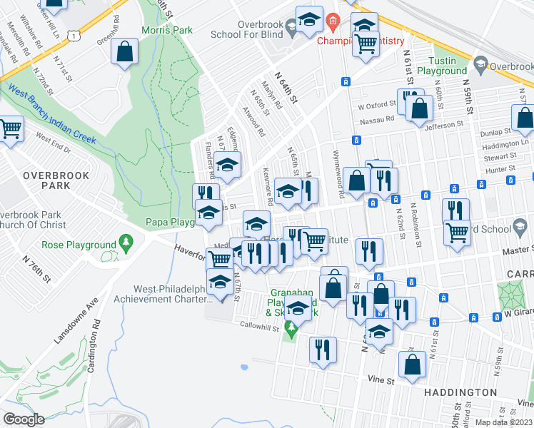 map of restaurants, bars, coffee shops, grocery stores, and more near 6547 Lansdowne Avenue in Philadelphia