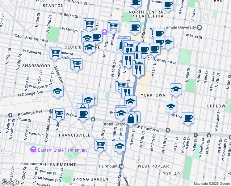 map of restaurants, bars, coffee shops, grocery stores, and more near Master Street in Philadelphia