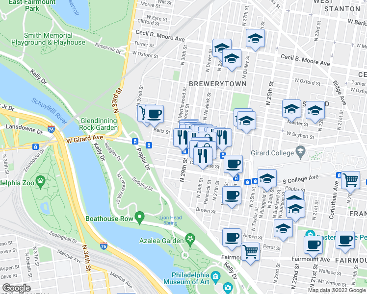 map of restaurants, bars, coffee shops, grocery stores, and more near 2907 W Girard Ave in Philadelphia