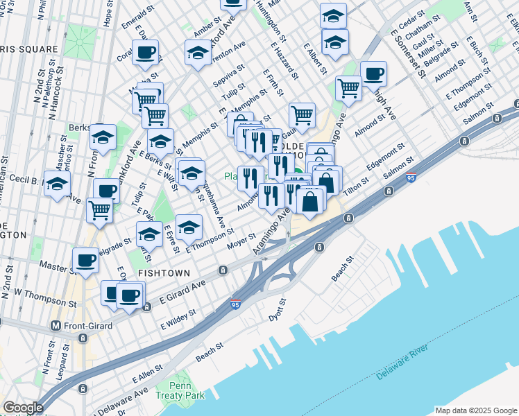 map of restaurants, bars, coffee shops, grocery stores, and more near 2623 East Norris Street in Philadelphia