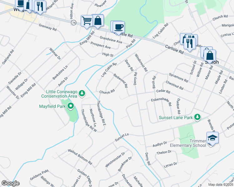 map of restaurants, bars, coffee shops, grocery stores, and more near 2490 Cedar Road in York