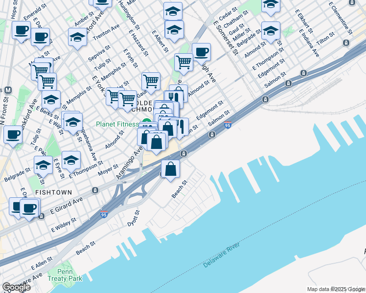 map of restaurants, bars, coffee shops, grocery stores, and more near 2731 East Cumberland Street in Philadelphia