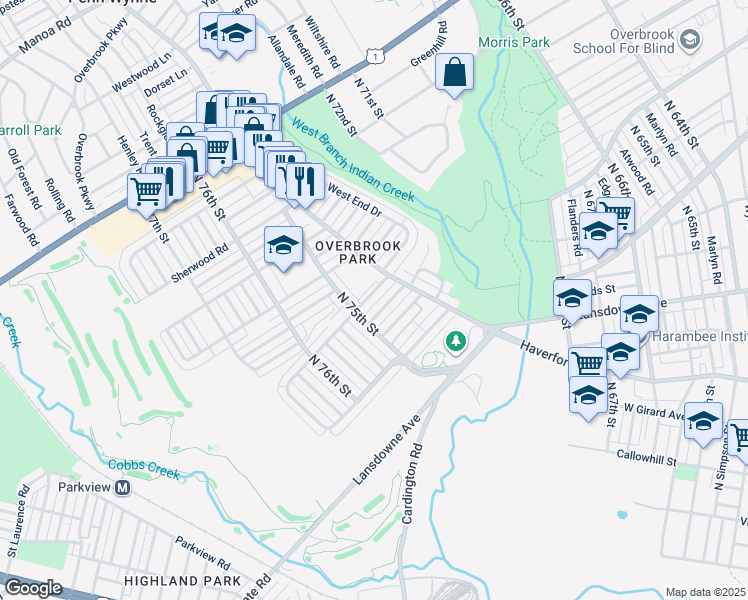 map of restaurants, bars, coffee shops, grocery stores, and more near 7432 Malvern Avenue in Philadelphia