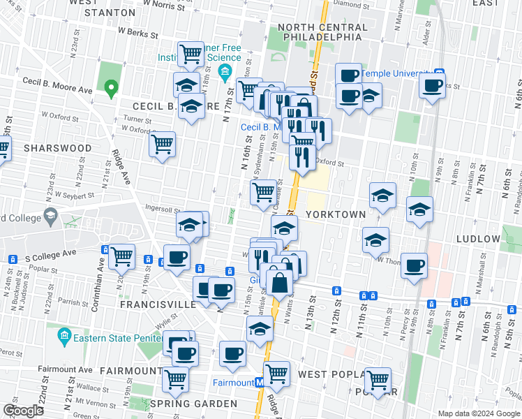 map of restaurants, bars, coffee shops, grocery stores, and more near 1501 Master Street in Philadelphia