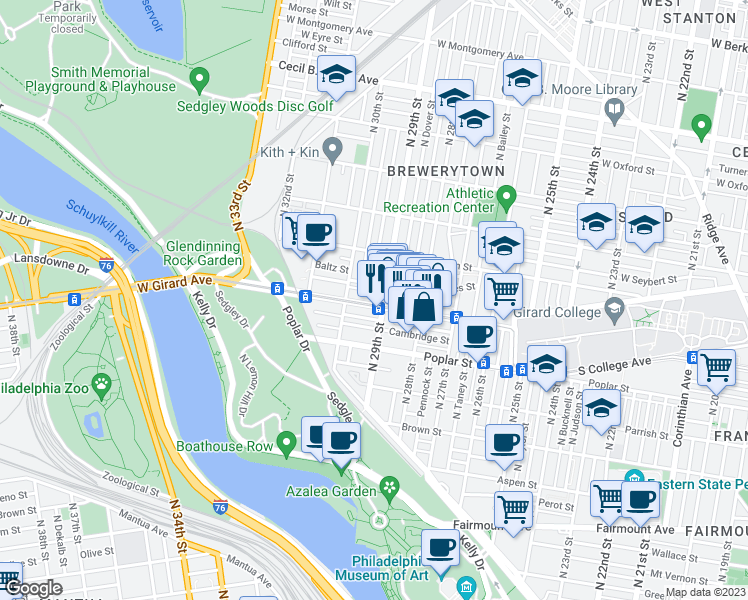 map of restaurants, bars, coffee shops, grocery stores, and more near 2911 W Girard Ave in Philadelphia