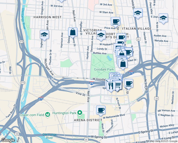 map of restaurants, bars, coffee shops, grocery stores, and more near 645 Dennison Avenue in Columbus