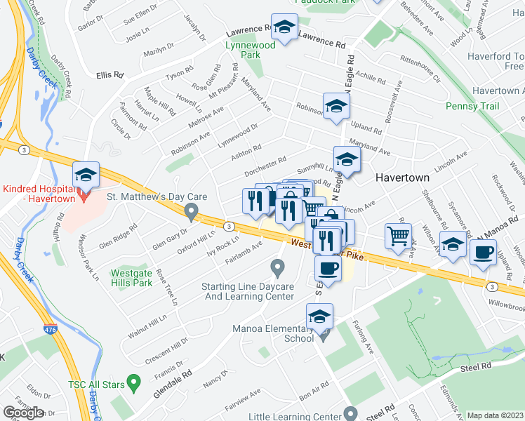 map of restaurants, bars, coffee shops, grocery stores, and more near 1511 Brierwood Road in Havertown