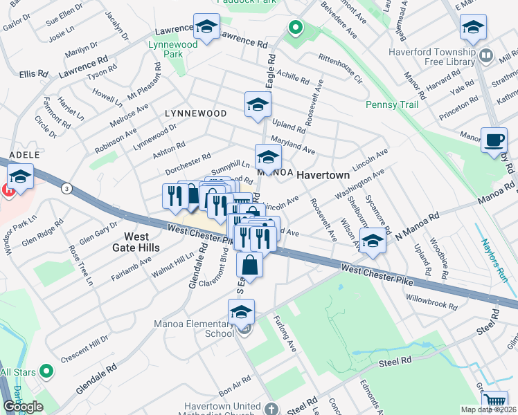 map of restaurants, bars, coffee shops, grocery stores, and more near 2 North Eagle Road in Havertown