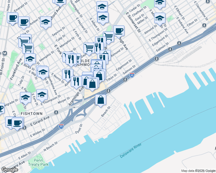 map of restaurants, bars, coffee shops, grocery stores, and more near 2721 East Cumberland Street in Philadelphia