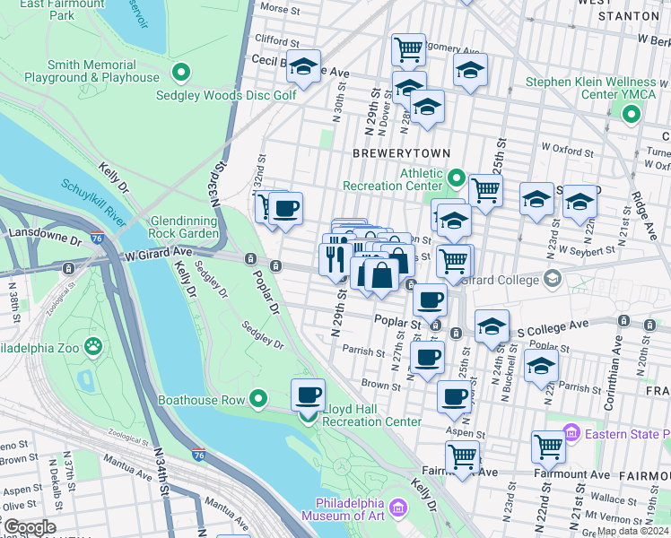 map of restaurants, bars, coffee shops, grocery stores, and more near 2913 West Girard Avenue in Philadelphia