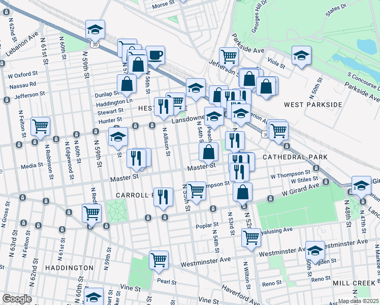 map of restaurants, bars, coffee shops, grocery stores, and more near 5435 Sharswood Street in Philadelphia