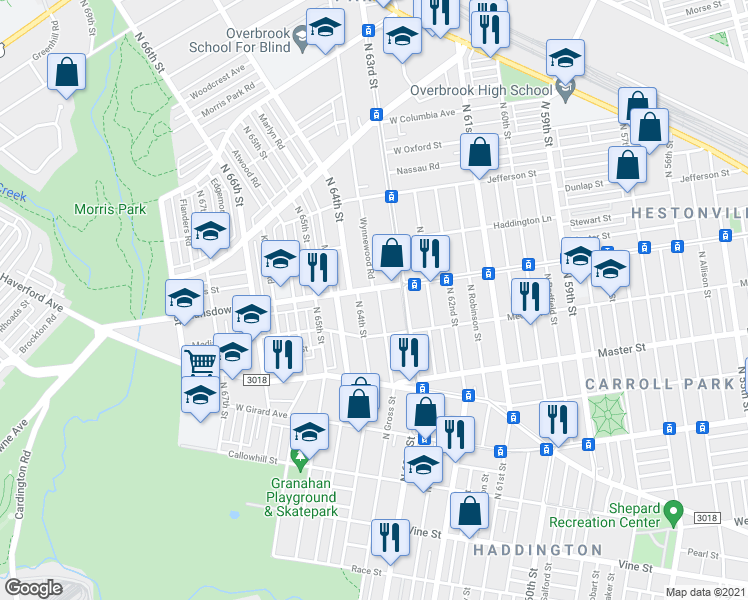 map of restaurants, bars, coffee shops, grocery stores, and more near 750 Wynnewood Road in Philadelphia