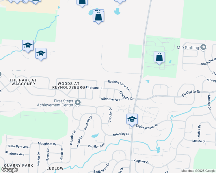 map of restaurants, bars, coffee shops, grocery stores, and more near 8532 Firstgate Drive in Reynoldsburg