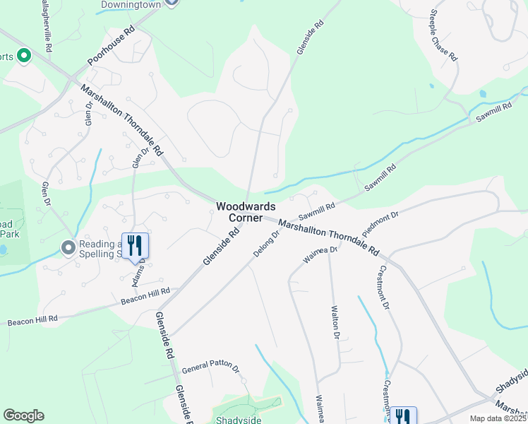 map of restaurants, bars, coffee shops, grocery stores, and more near 1309 Marshallton Thorndale Road in Downingtown