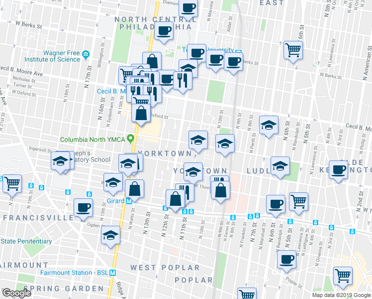 map of restaurants, bars, coffee shops, grocery stores, and more near 1432 Guilford Place in Philadelphia