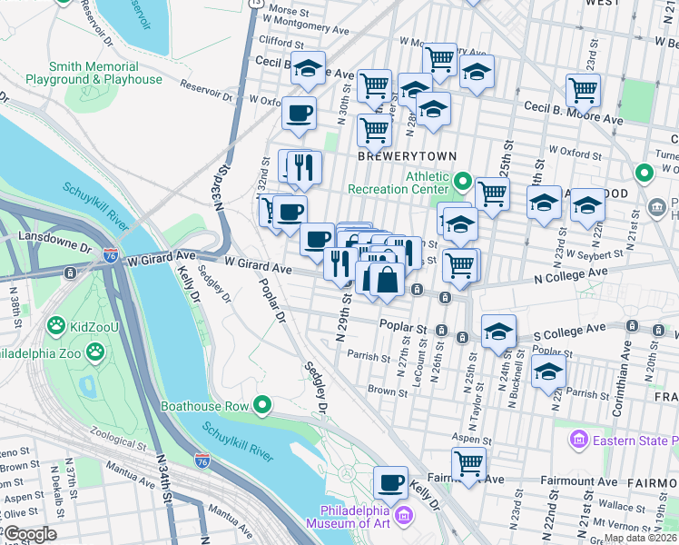 map of restaurants, bars, coffee shops, grocery stores, and more near 2915 W Girard Ave in Philadelphia