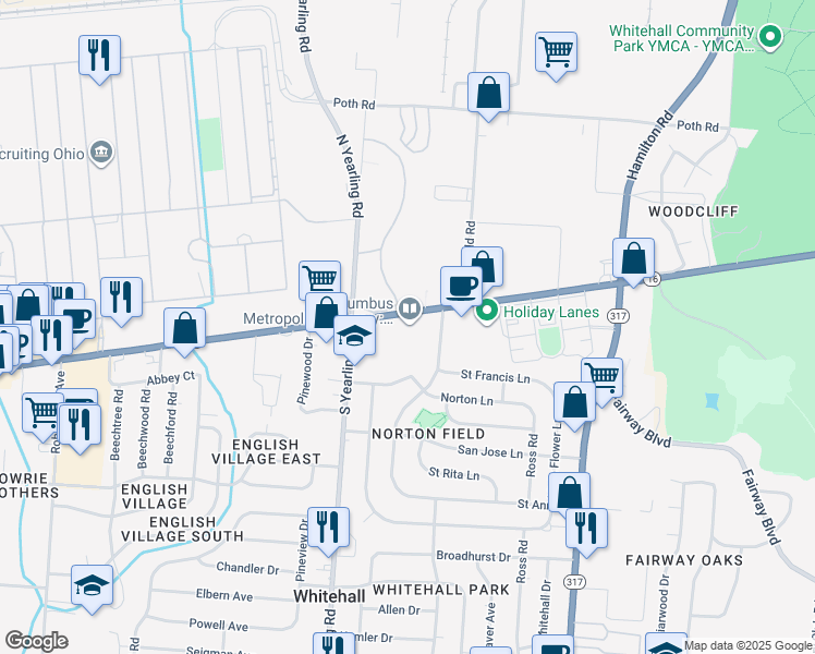 map of restaurants, bars, coffee shops, grocery stores, and more near 4445 East Broad Street in Whitehall