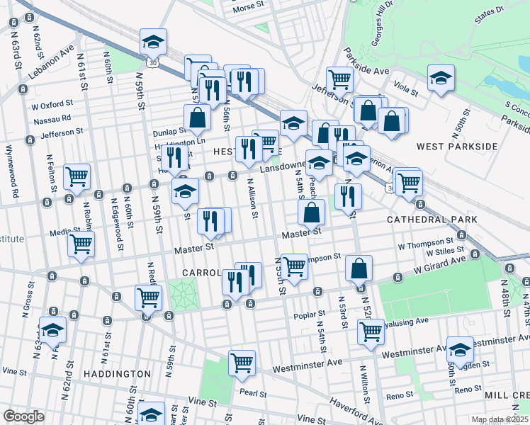map of restaurants, bars, coffee shops, grocery stores, and more near 1449 North Vodges Street in Philadelphia