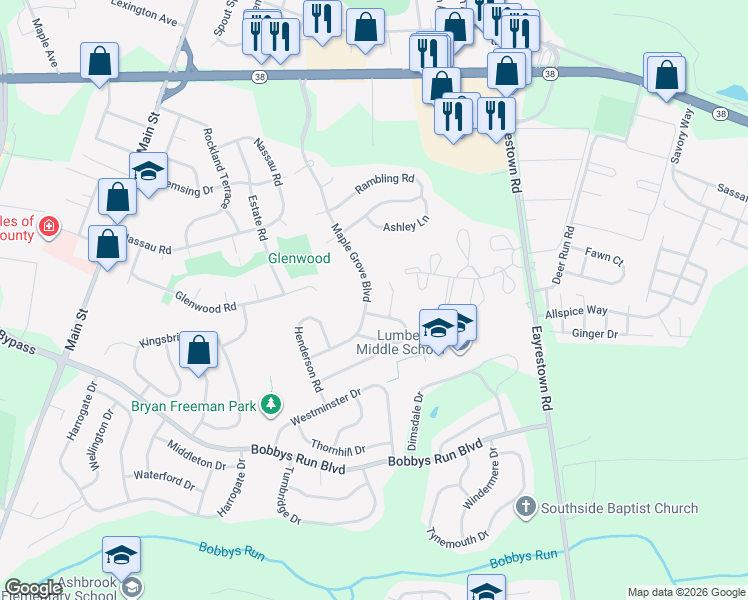 map of restaurants, bars, coffee shops, grocery stores, and more near 400 Maple Grove Boulevard in Lumberton