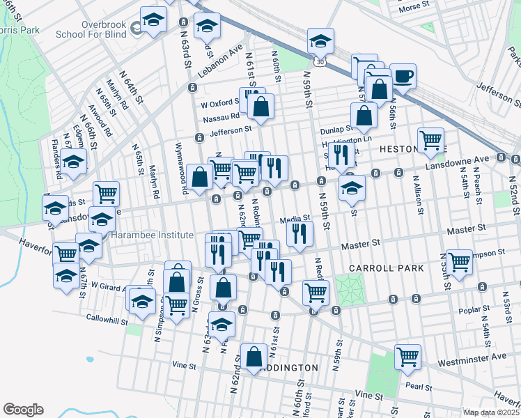 map of restaurants, bars, coffee shops, grocery stores, and more near 1529 North Robinson Street in Philadelphia
