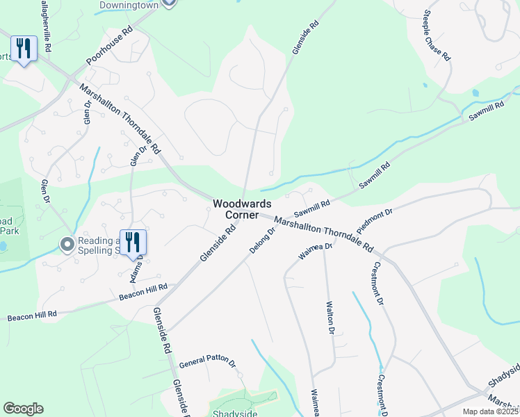map of restaurants, bars, coffee shops, grocery stores, and more near 1309 Marshallton Thorndale Road in Downingtown