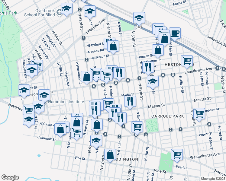 map of restaurants, bars, coffee shops, grocery stores, and more near 1529 North Robinson Street in Philadelphia