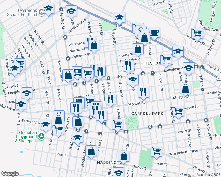 map of restaurants, bars, coffee shops, grocery stores, and more near 1529 North 60th Street in Philadelphia
