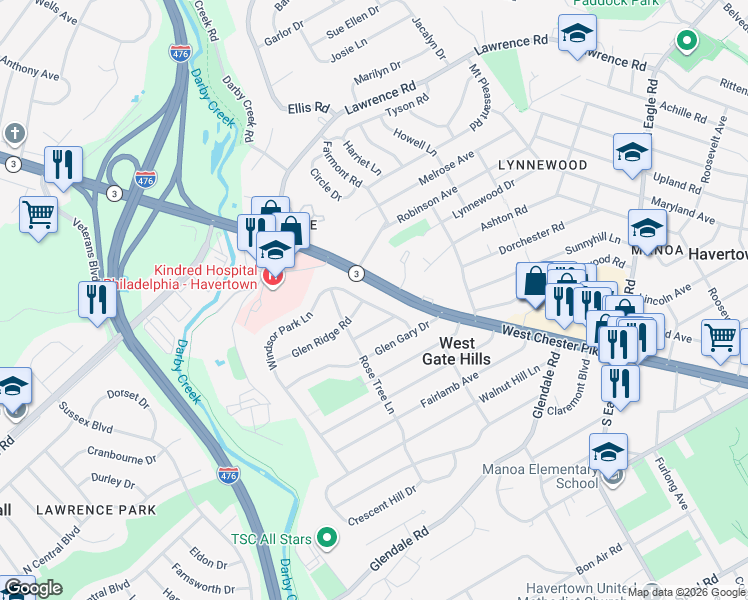 map of restaurants, bars, coffee shops, grocery stores, and more near 1831 Windsor Park Lane in Havertown