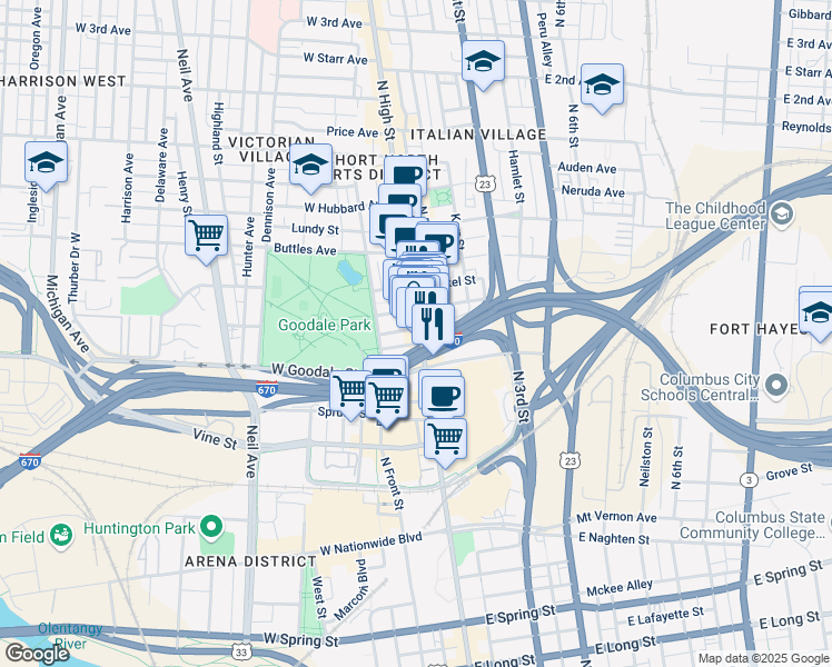 map of restaurants, bars, coffee shops, grocery stores, and more near 612 North High Street in Columbus