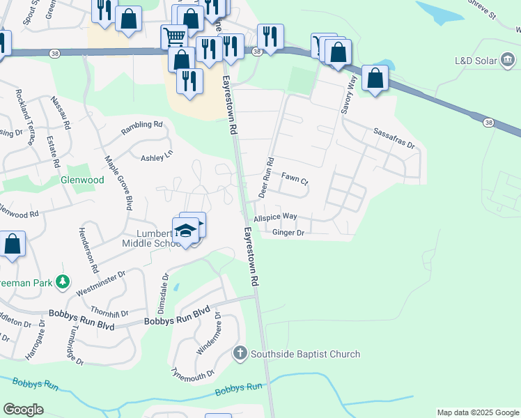 map of restaurants, bars, coffee shops, grocery stores, and more near 15 Carob Court in Lumberton