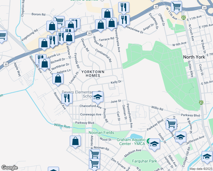 map of restaurants, bars, coffee shops, grocery stores, and more near 752 Kelly Drive in York