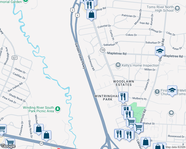 map of restaurants, bars, coffee shops, grocery stores, and more near 13 Glenwood Road in Toms River