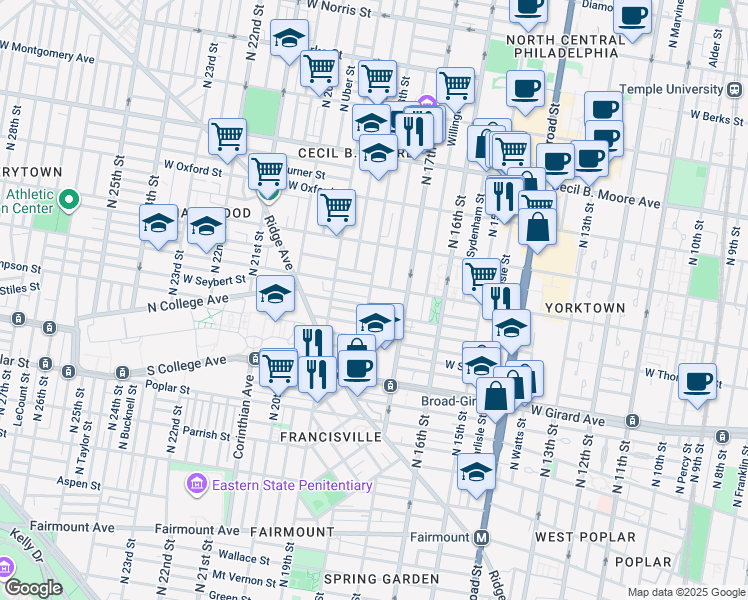 map of restaurants, bars, coffee shops, grocery stores, and more near 1730 Master Street in Philadelphia