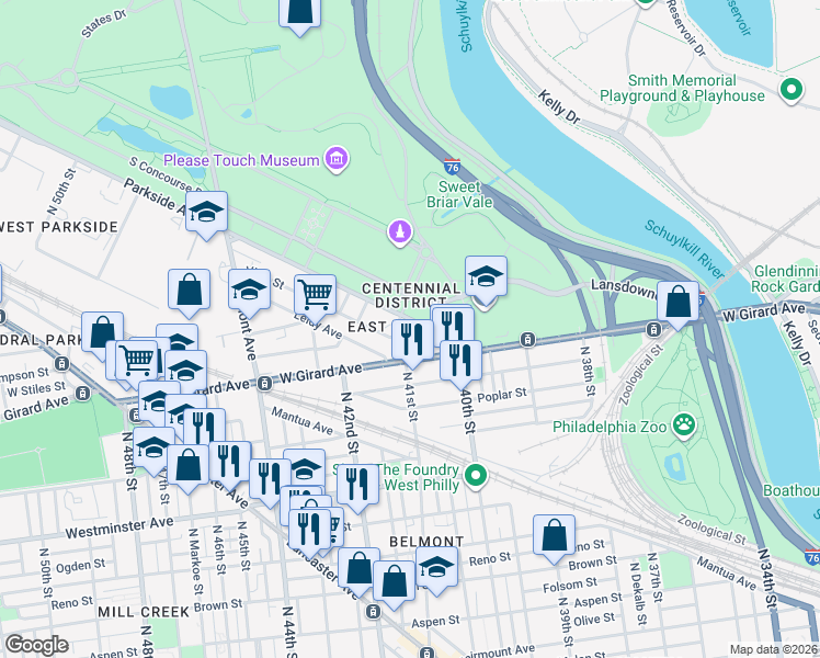 map of restaurants, bars, coffee shops, grocery stores, and more near 1234 North 41st Street in Philadelphia
