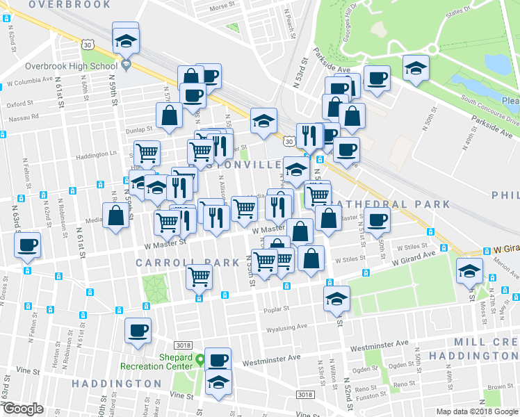 map of restaurants, bars, coffee shops, grocery stores, and more near 5425 Sharswood Street in Philadelphia