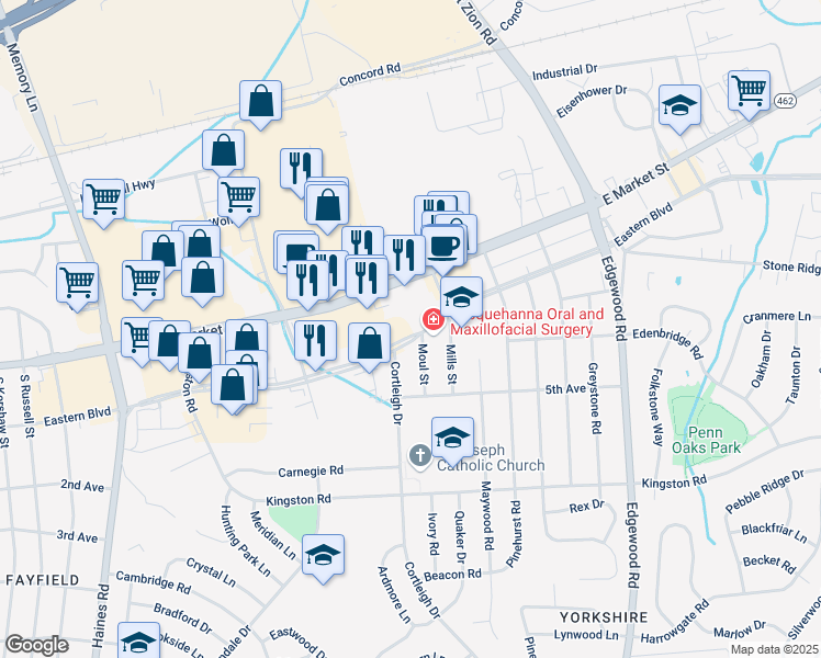map of restaurants, bars, coffee shops, grocery stores, and more near 2901 Eastern Boulevard in East York